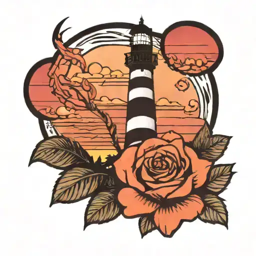 Draw A Tattoo Of The Cape Hatteras Lighthouse In Front Of A Sunset Encased In A Rose