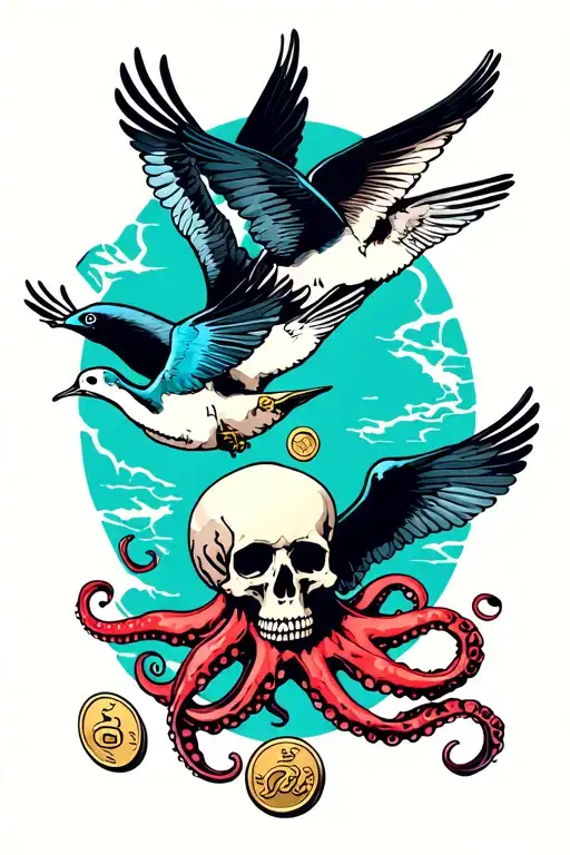3 Swallows Flying With Skull And Octopus And 2 Pirate Coins
