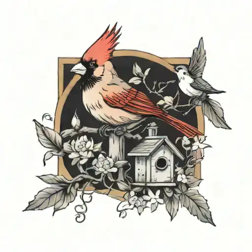A Cardinal On A Tree Brand With A Birdhouse And Flower With A Hummingbird Flying Near