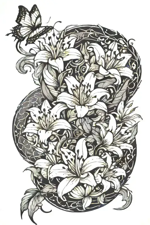 Lily Flowers And Butterflies Wrapped Around A Dragon