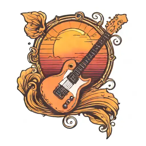 A Small Tattoo Of A Sunset With Three Dots And An Electric Guitar