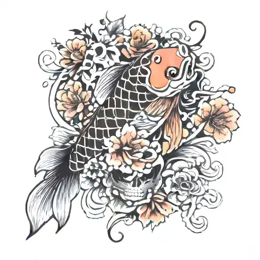 Japanese Koi Swimming Up With Mexican Sugar Skulls And Flowers