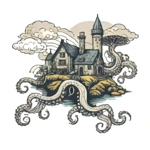 A Mystical Ireland Landscape With A Hidden Octopus In A Sketch Style