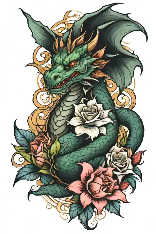 Lily Flowers Around A Dragon And Roses