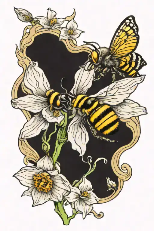 Daffodil And Bee Collecting Nectar