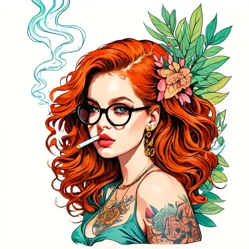 Sexy Redhead Female With Glasses Smoking A Joint