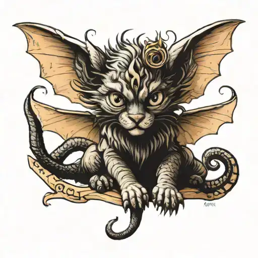 A Manticore Kitten With Bat Wings And A Scorpion Tail Curls Up And Looks At Us