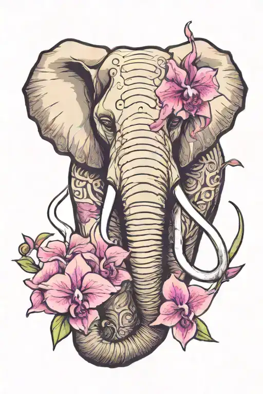 African Elephant With Purple Orchids Intertwined And Amethyst Eyes
