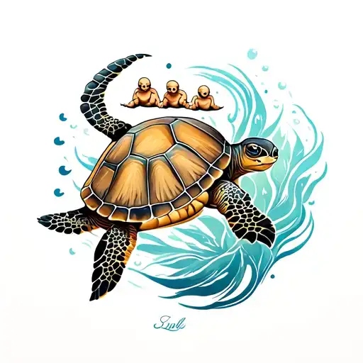 Sea Turtle And 3 Babies