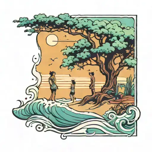 Beach With 5 People And A Plan Tree With Waves