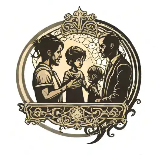 Father And Two Sons Silhouette Holding Hands Inside Gothic Frame