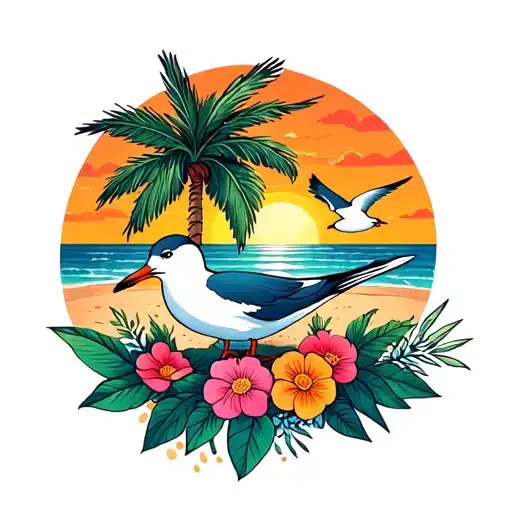 Palm Tree Seagulls Flowers And Sunset With Sand Dunes