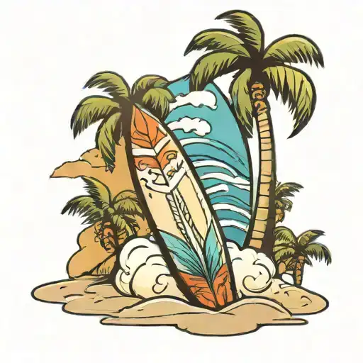 Surfboard With A Design On The Back Of A Palm Tree Coming Out Of Sand With A Cloud At Top