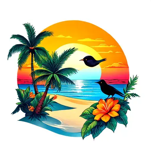 Palm Tree Birds Flowers And Sunset With Sand Dunes