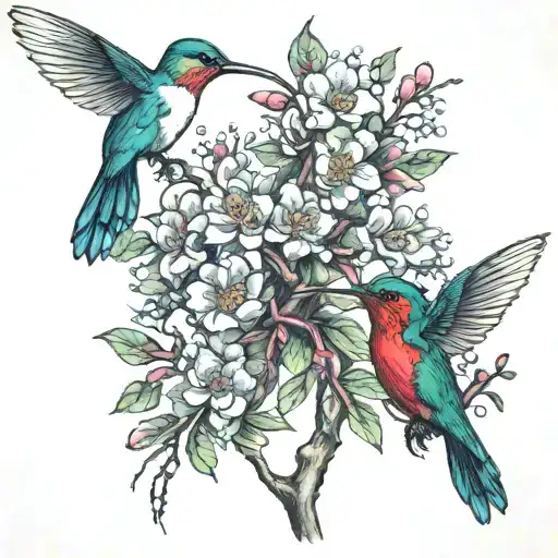 Cherry Blossum Tree With Humming Birds