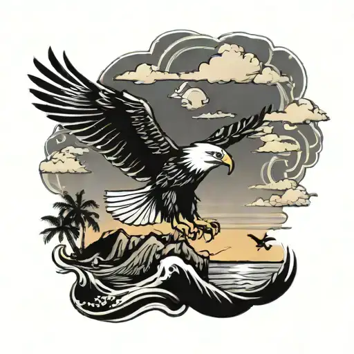 Eagle Over Ocean And Island Sunset With Palms In Black And Grey