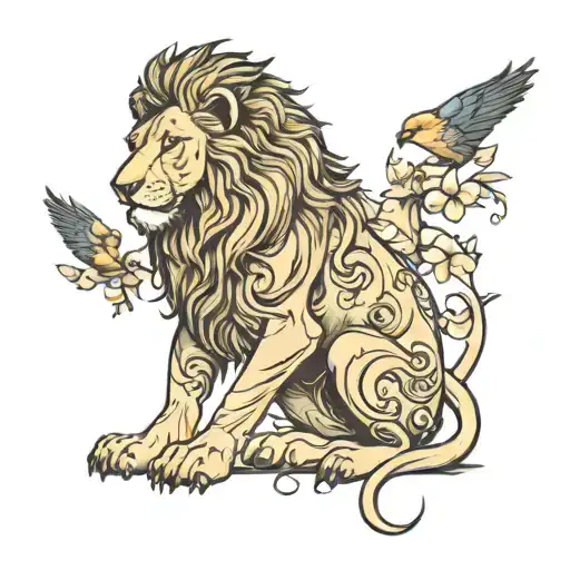 Lion With Bird Sitting
