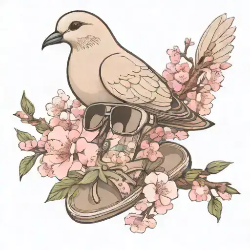 Dove Wearing Flipflop Shoes And Sunglasses Surrounded By Sakura Bloom