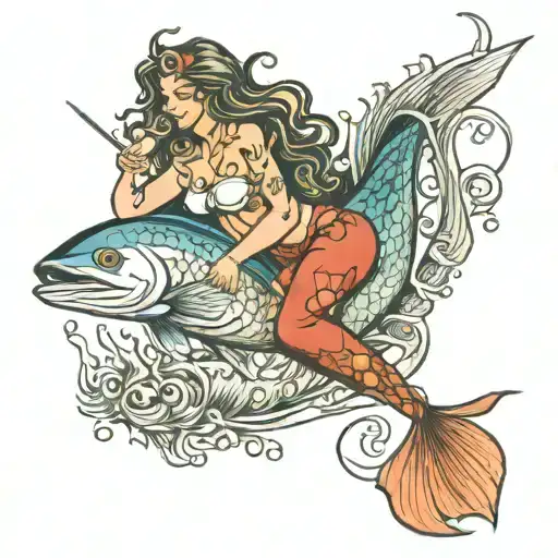 Mermaid Holding Onto A Sailfish Jumping