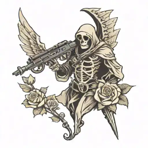 Reaper With Rifle And Wings And Roses Growing