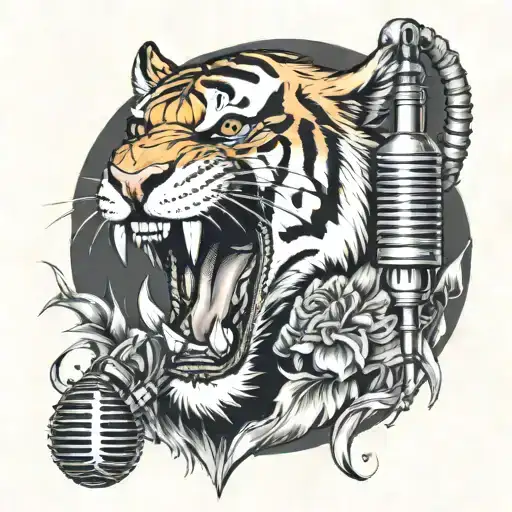 Tiger Roaring Into A Microphone With Skulls