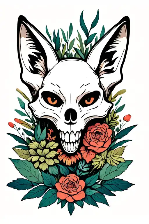 Fox Skull Face Surrounded By Plants