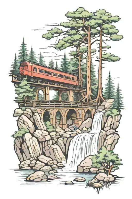 Pine Trees With An Old Fashion Train Bridge And A Waterfall Underneath