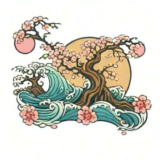 Japanese Waves Cherry Blossom Tree With A Full Moon