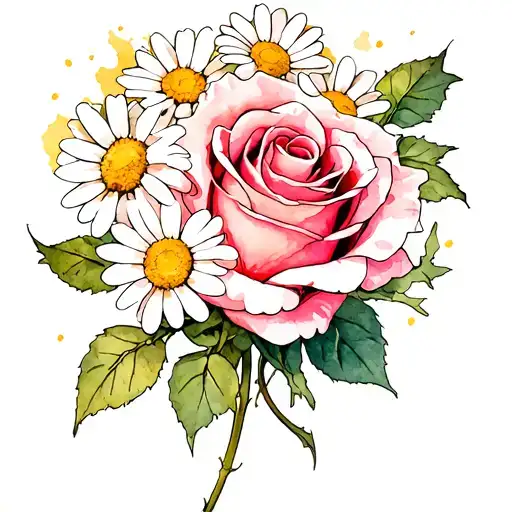 Rose With Daisy Watercolour Background