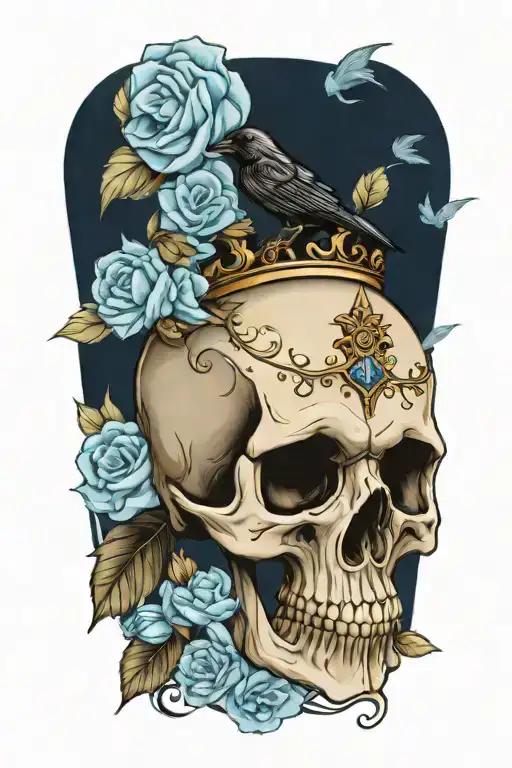 Skull Wearing Crown With Raven And Blue Roses