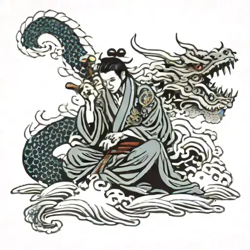 Japanese Wave Samurai Meditating With A Dragon Wrapped