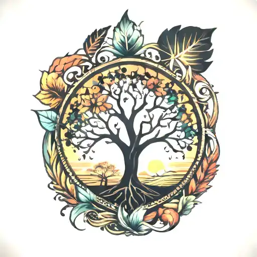 Tree Of Life With Colorful Leaves With Sunrise Behind It Simple