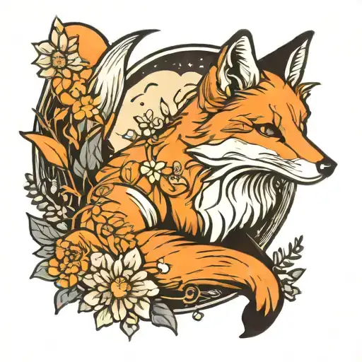 Fox Sitting With Large Moon Surrounded By Daisys