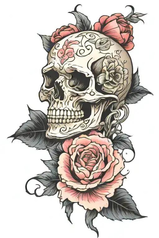 Skull And Rose And Peony Flowers