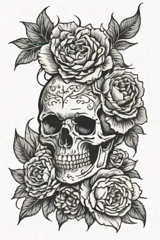 Skull And Rose And Peony Flowers Black Grey