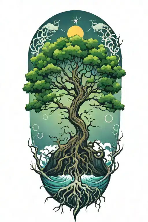 Tree Of Life With Deep Roots Surrounded By Violent Stormy Seas And Skies And Wind