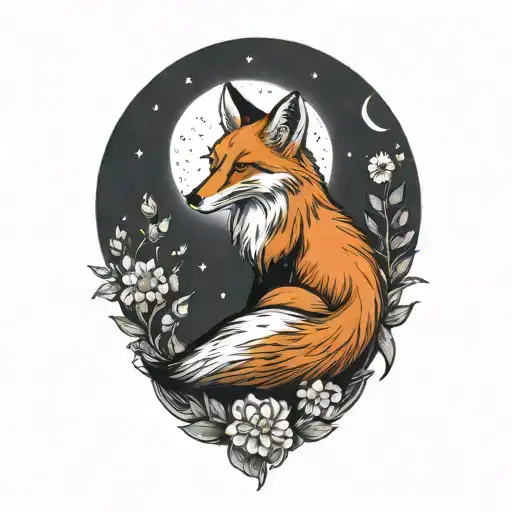 Fox Sitting Forward With Moon Surrounded By Daisys