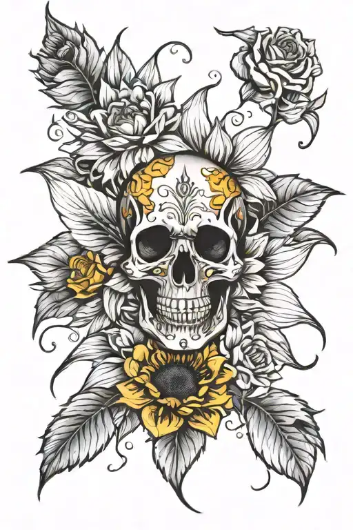 Sunflower With Skull In The Center Created By Flowers Surrounded By Roses And Sunflowers