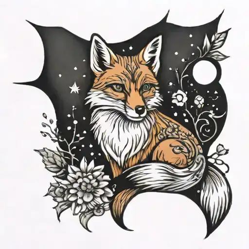 Fox Sitting With Moon Surrounded By Daisys