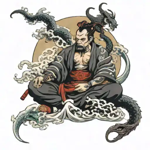 Japanese Waves Samurai Meditating And A Dragon Wrapped