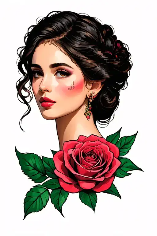 Lady Face Side View With Rose