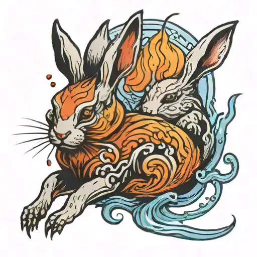 Fire Rabbit With Water Rabbit Reflection In The Water