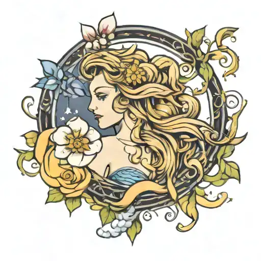 Aquarius With Moon Stars Flowers Intertwined