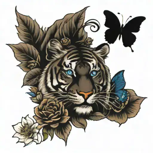 Black Tiger Head On Outside Forearm With Blue Eyes With Flowers And Black Butterfly On Forearm