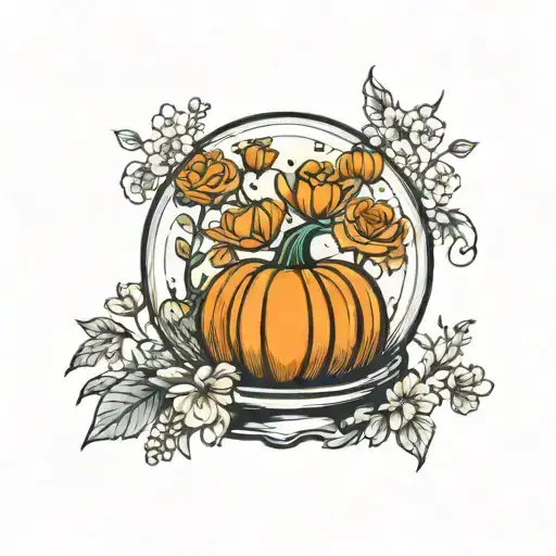 Pumpkin Field In A Snow Globe Surrounded By Flowers