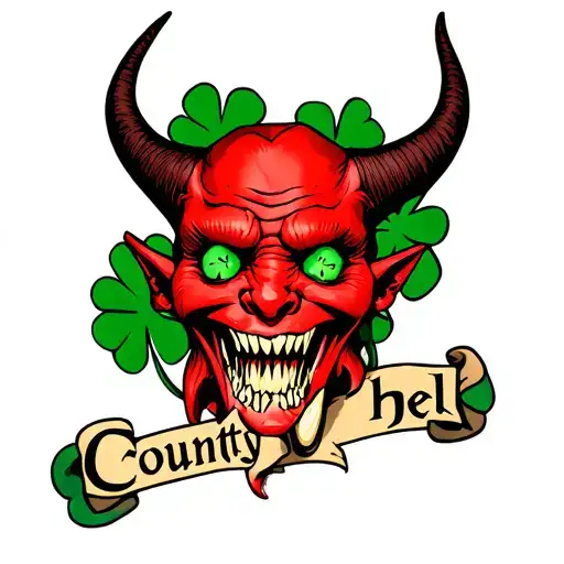 Demon Head With Shamrock Eyes That Says County Hell
