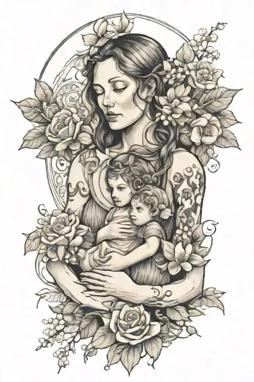 A Realistic Portrait Of A Mother Figure Surrounded By Flowers And A Subtle Cross Design