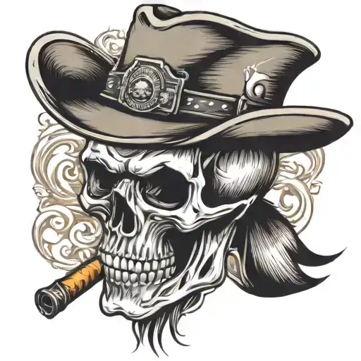 Smoking Military Skull Wearing Cowboy Hat