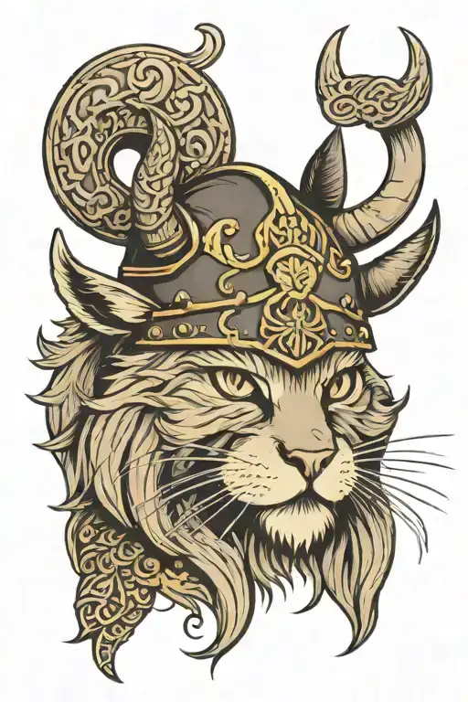 Viking Cat Head With Viking Horn Hat And A Viking Boat Under The Head