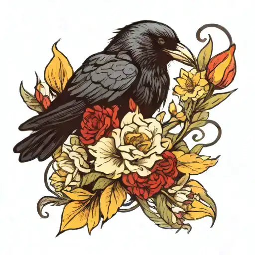 A Crow With A Red String In Its Mouth Surrounded By Daffodils And Carnations Like A